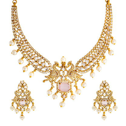 Shining Jewel Gold Plated Western CZ, Pearl & Crystal Choker Necklace with Peacock Light Pink Ruby Design & Matching Earrings for Women SJN_331_LP