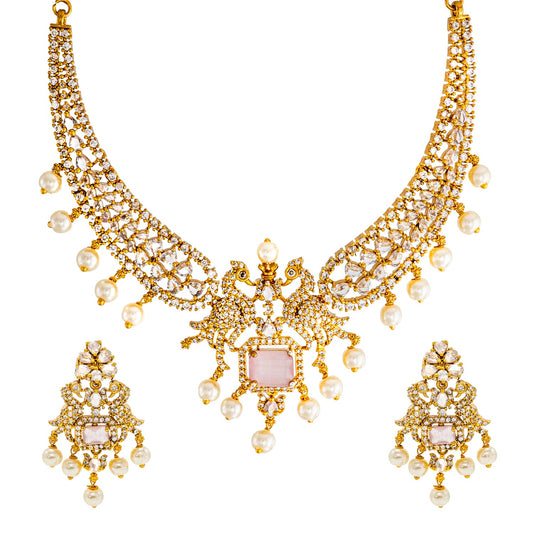 Shining Jewel Gold Plated Western CZ, Pearl & Crystal Choker Necklace with Peacock Light Pink Ruby Design & Matching Earrings for Women SJN_331_LP