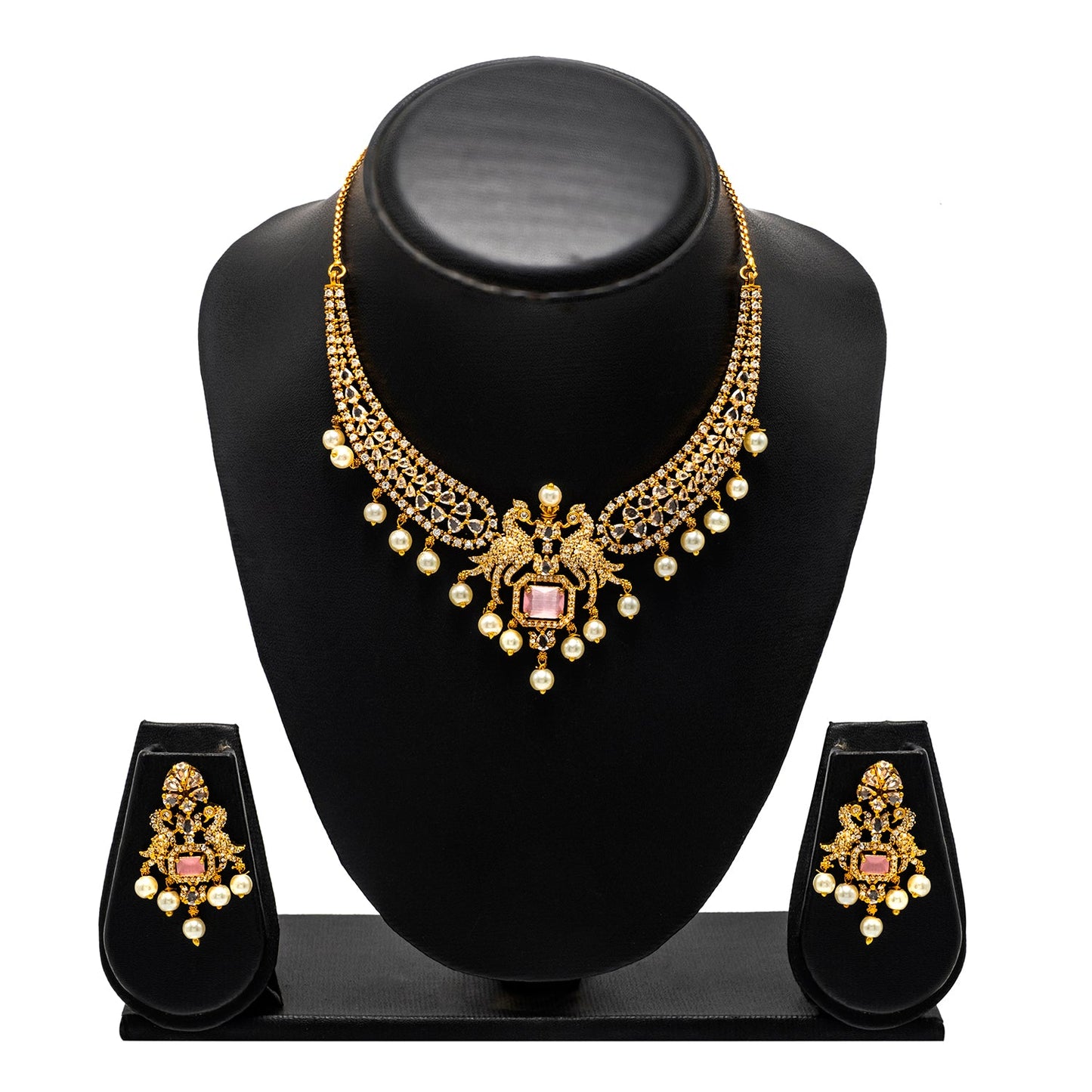 Shining Jewel Gold Plated Western CZ, Pearl & Crystal Choker Necklace with Peacock Light Pink Ruby Design & Matching Earrings for Women SJN_331_LP