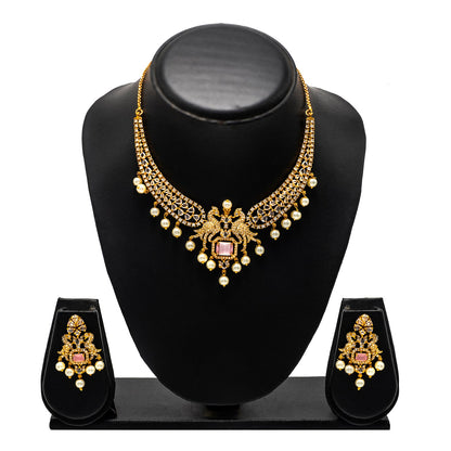 Shining Jewel Gold Plated Western CZ, Pearl & Crystal Choker Necklace with Peacock Light Pink Ruby Design & Matching Earrings for Women SJN_331_LP