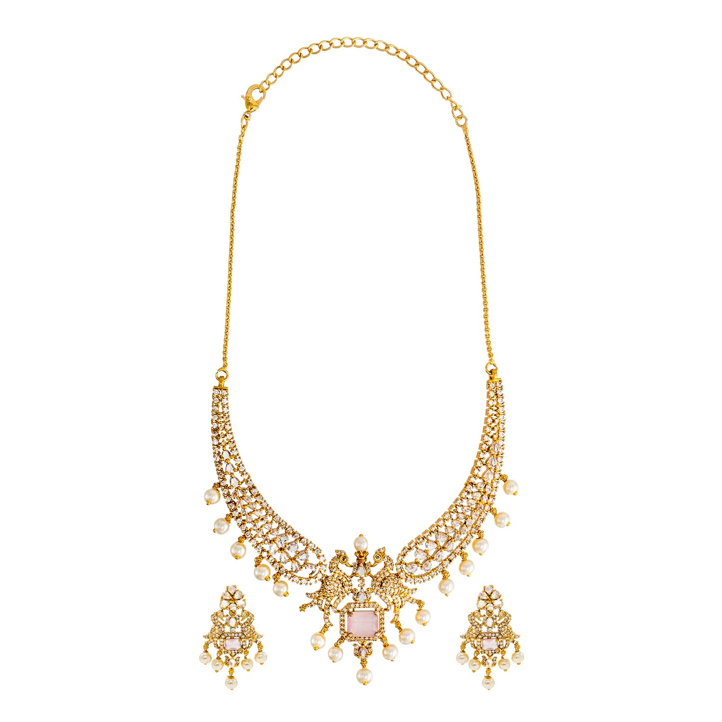 Shining Jewel Gold Plated Western CZ, Pearl & Crystal Choker Necklace with Peacock Light Pink Ruby Design & Matching Earrings for Women SJN_331_LP