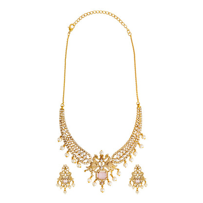 Shining Jewel Gold Plated Western CZ, Pearl & Crystal Choker Necklace with Peacock Light Pink Ruby Design & Matching Earrings for Women SJN_331_LP