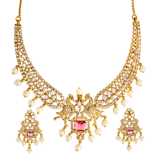 Shining Jewel Gold Plated Western CZ, Pearl & Crystal Choker Necklace with Peacock Maroon Ruby Design & Matching Earrings for Women SJN_331_M