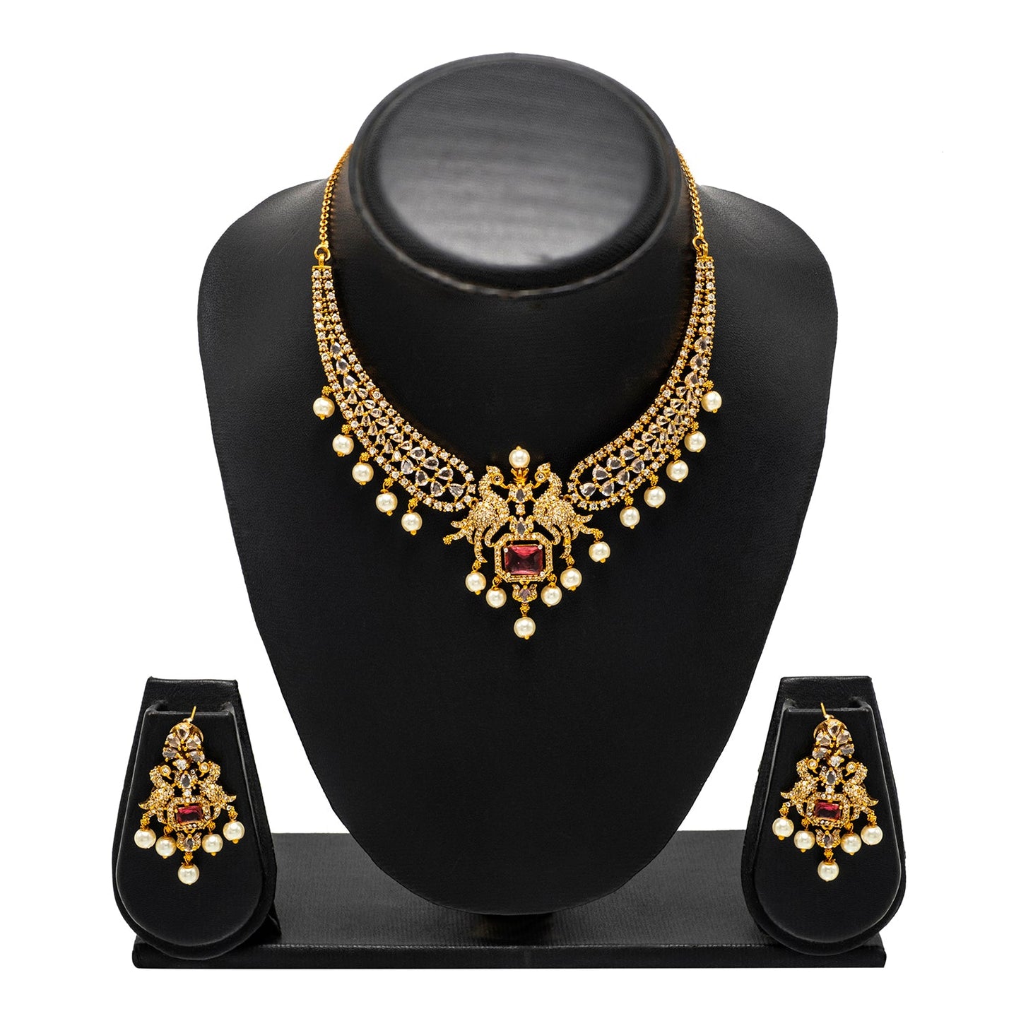 Shining Jewel Gold Plated Western CZ, Pearl & Crystal Choker Necklace with Peacock Maroon Ruby Design & Matching Earrings for Women SJN_331_M