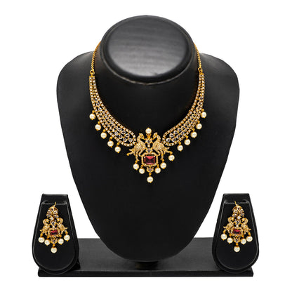Shining Jewel Gold Plated Western CZ, Pearl & Crystal Choker Necklace with Peacock Maroon Ruby Design & Matching Earrings for Women SJN_331_M