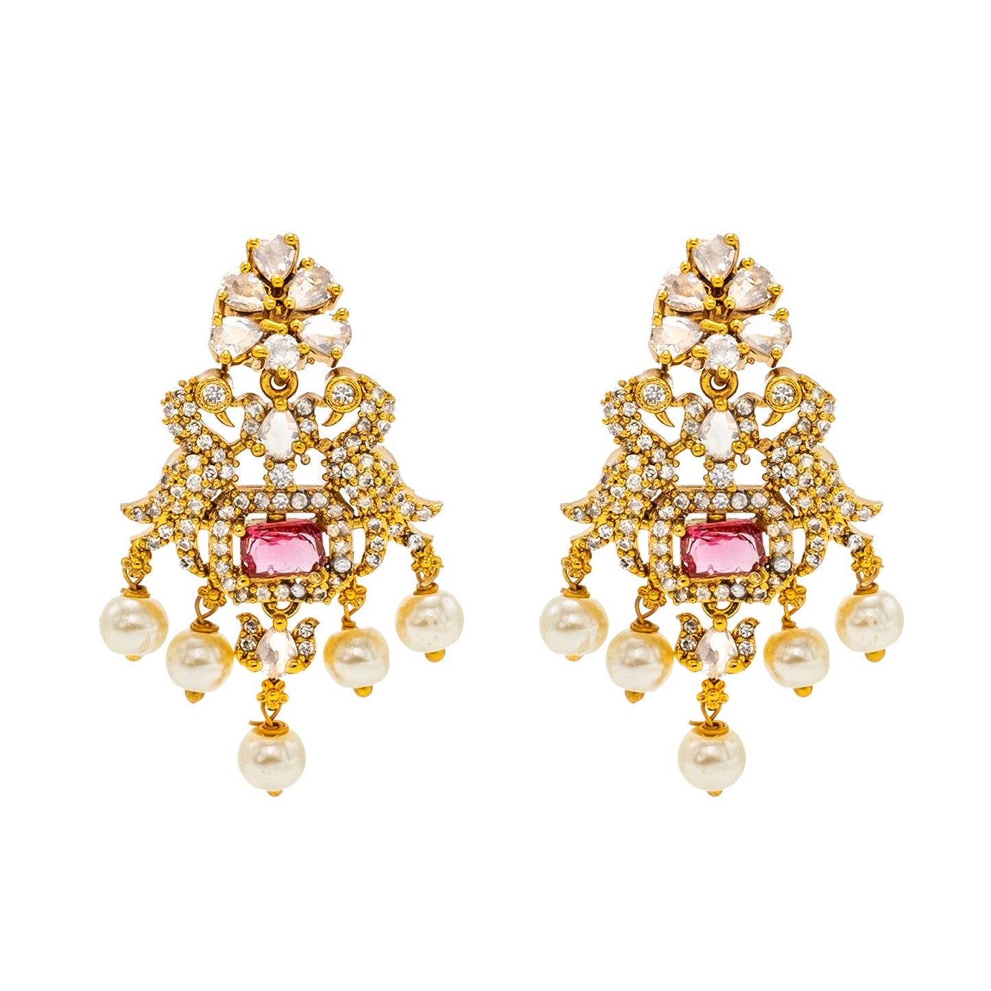 Shining Jewel Gold Plated Western CZ, Pearl & Crystal Choker Necklace with Peacock Maroon Ruby Design & Matching Earrings for Women SJN_331_M