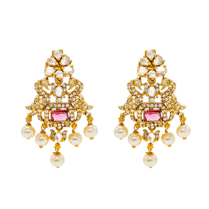 Shining Jewel Gold Plated Western CZ, Pearl & Crystal Choker Necklace with Peacock Maroon Ruby Design & Matching Earrings for Women SJN_331_M
