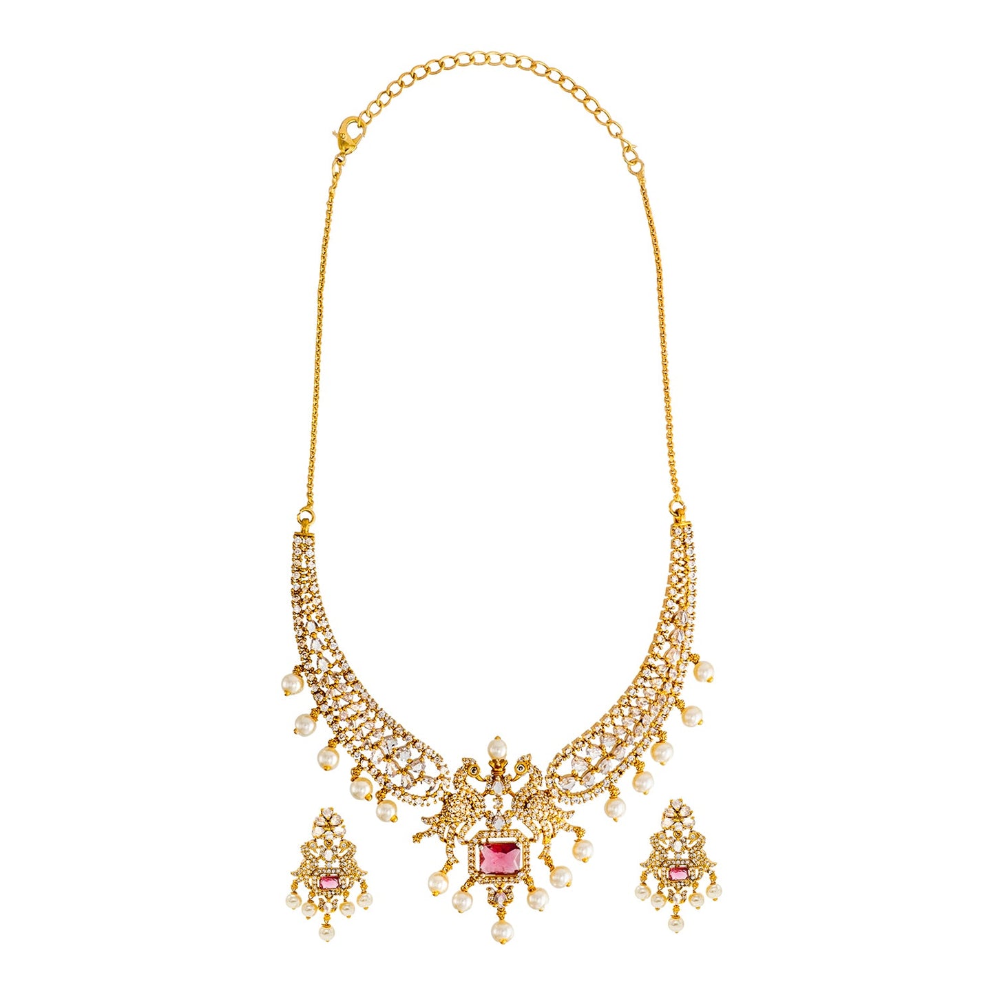 Shining Jewel Gold Plated Western CZ, Pearl & Crystal Choker Necklace with Peacock Maroon Ruby Design & Matching Earrings for Women SJN_331_M