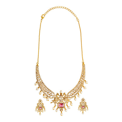 Shining Jewel Gold Plated Western CZ, Pearl & Crystal Choker Necklace with Peacock Maroon Ruby Design & Matching Earrings for Women SJN_331_M