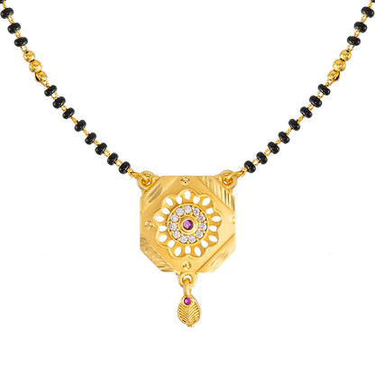 Gold Plated Traditional AD Flower Design Mangalsutra Thushi Necklace Set with Earrings for Women SJN_333