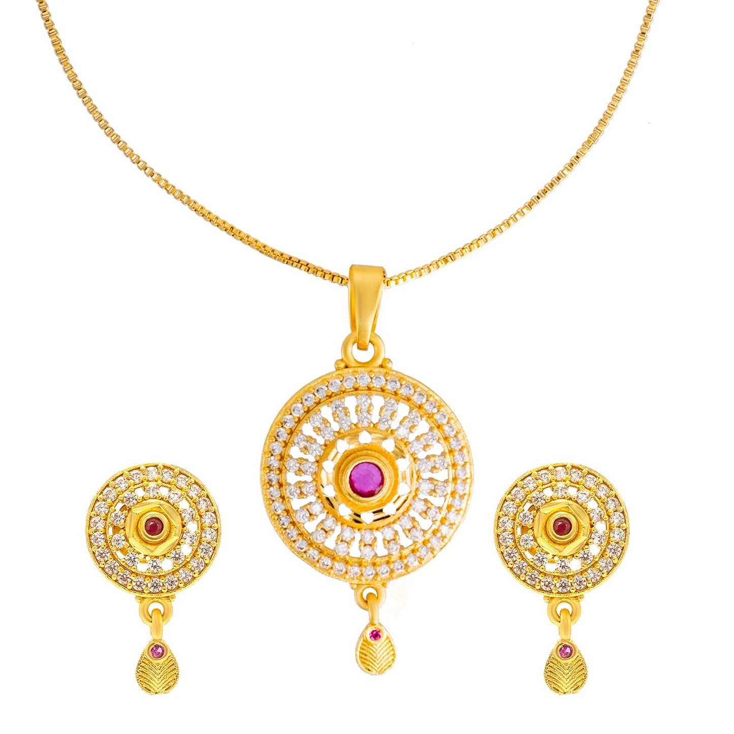 Shining Jewel by Shivansh Gold Plated CZ Stone Round Pendant Necklace Set with Matching Earrings for Women & Girls SJN_334