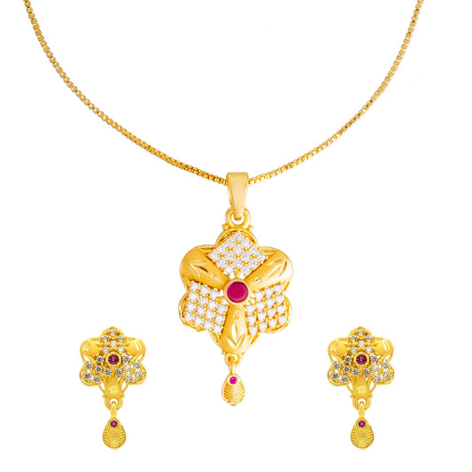 Shining Jewel by Shivansh Gold Plated CZ Stone Flower Pendant Necklace Set with Matching Earrings for Women & Girls SJN_335
