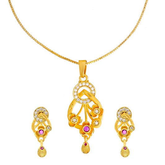 Shining Jewel by Shivansh Gold Plated CZ Stone Flower and Leaf Pendant Necklace Set with Matching Earrings for Women & Girls SJN_336