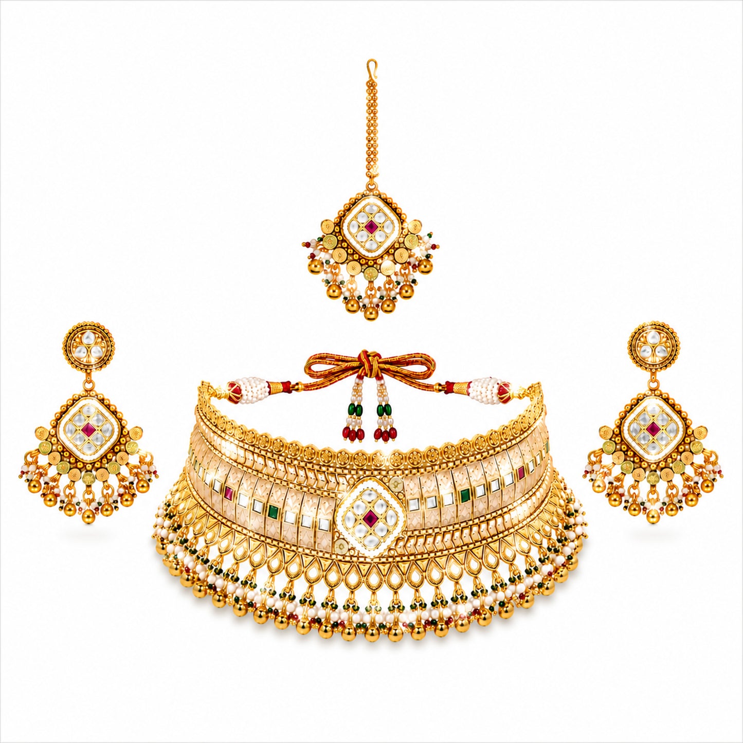Traditional Indian Gold Plated Kundan,CZ, Studded Choker Wedding, Bridal Dori Necklace with Matching Earring Jewelry Set For Women - SJN_339