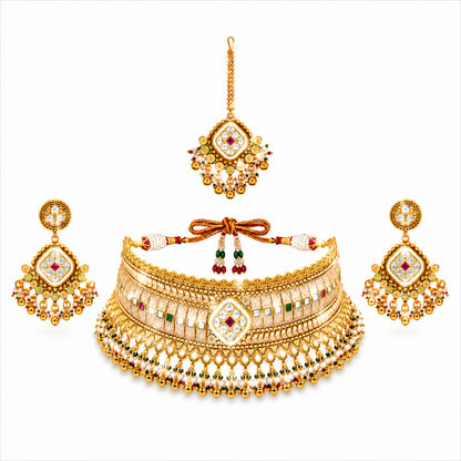 Traditional Indian Gold Plated Kundan,CZ, Studded Choker Wedding, Bridal Dori Necklace with Matching Earring Jewelry Set For Women - SJN_339