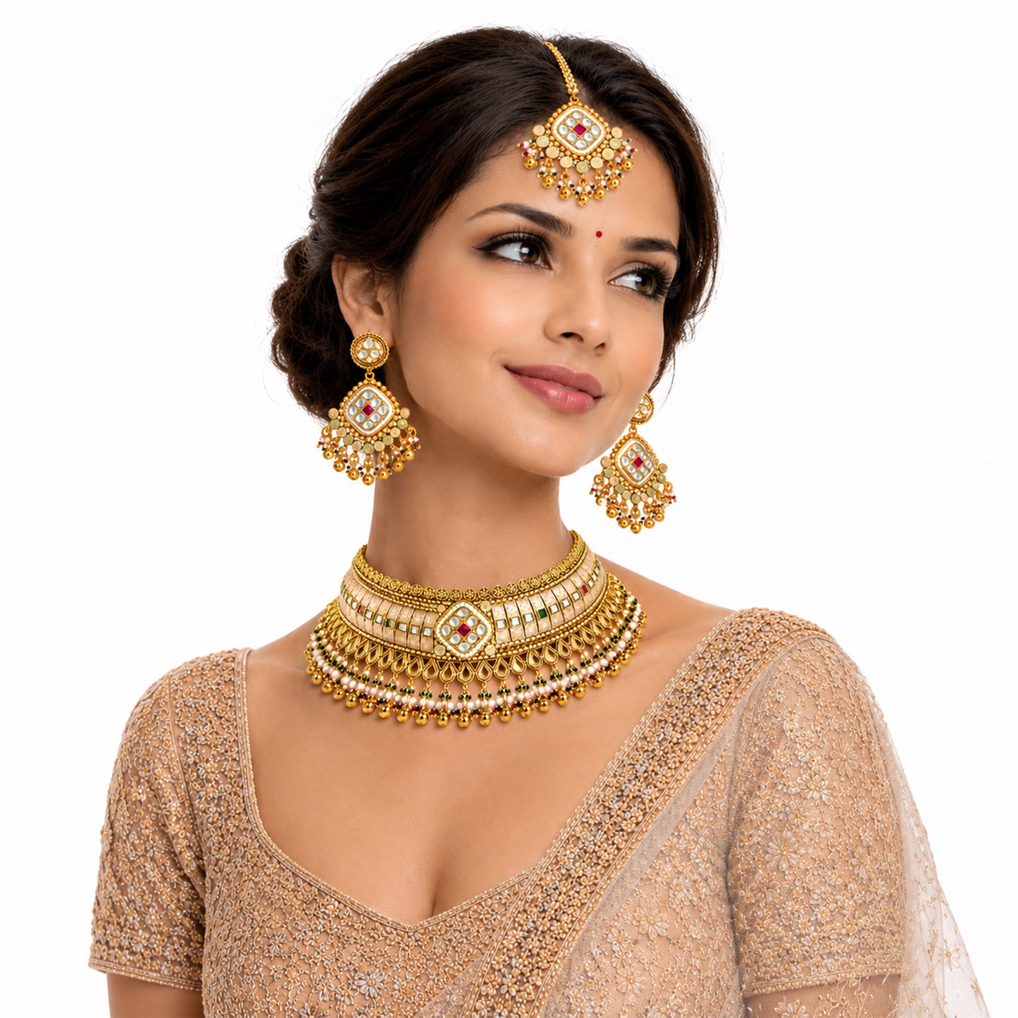 Traditional Indian Gold Plated Kundan,CZ, Studded Choker Wedding, Bridal Dori Necklace with Matching Earring Jewelry Set For Women - SJN_339