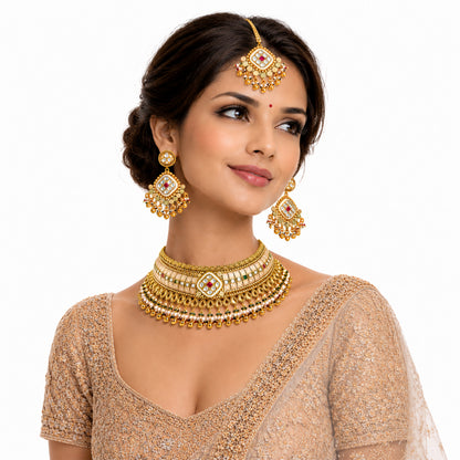 Traditional Indian Gold Plated Kundan,CZ, Studded Choker Wedding, Bridal Dori Necklace with Matching Earring Jewelry Set For Women - SJN_339