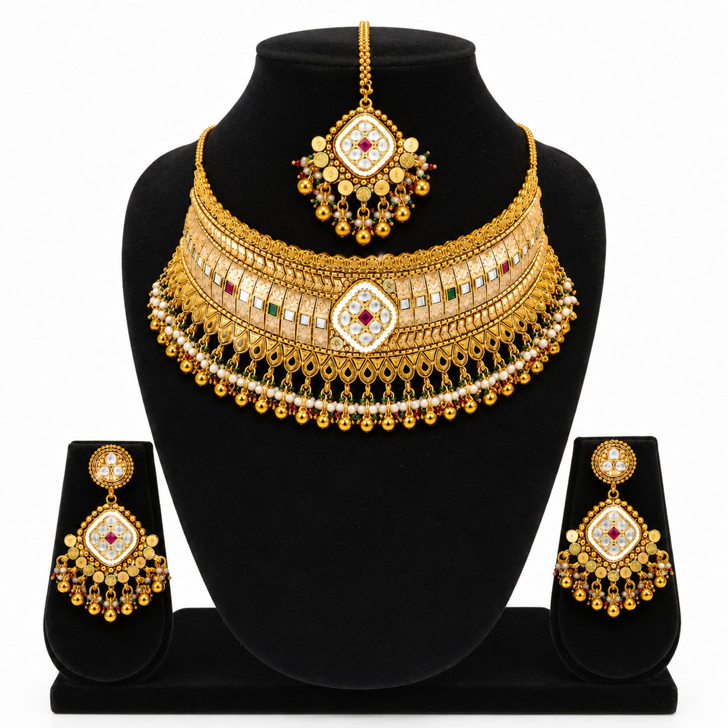 Traditional Indian Gold Plated Kundan,CZ, Studded Choker Wedding, Bridal Dori Necklace with Matching Earring Jewelry Set For Women - SJN_339
