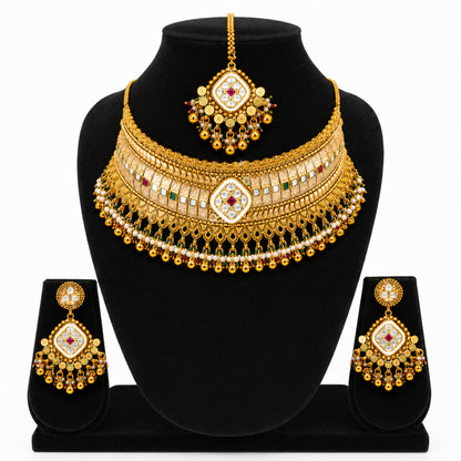 Traditional Indian Gold Plated Kundan,CZ, Studded Choker Wedding, Bridal Dori Necklace with Matching Earring Jewelry Set For Women - SJN_339