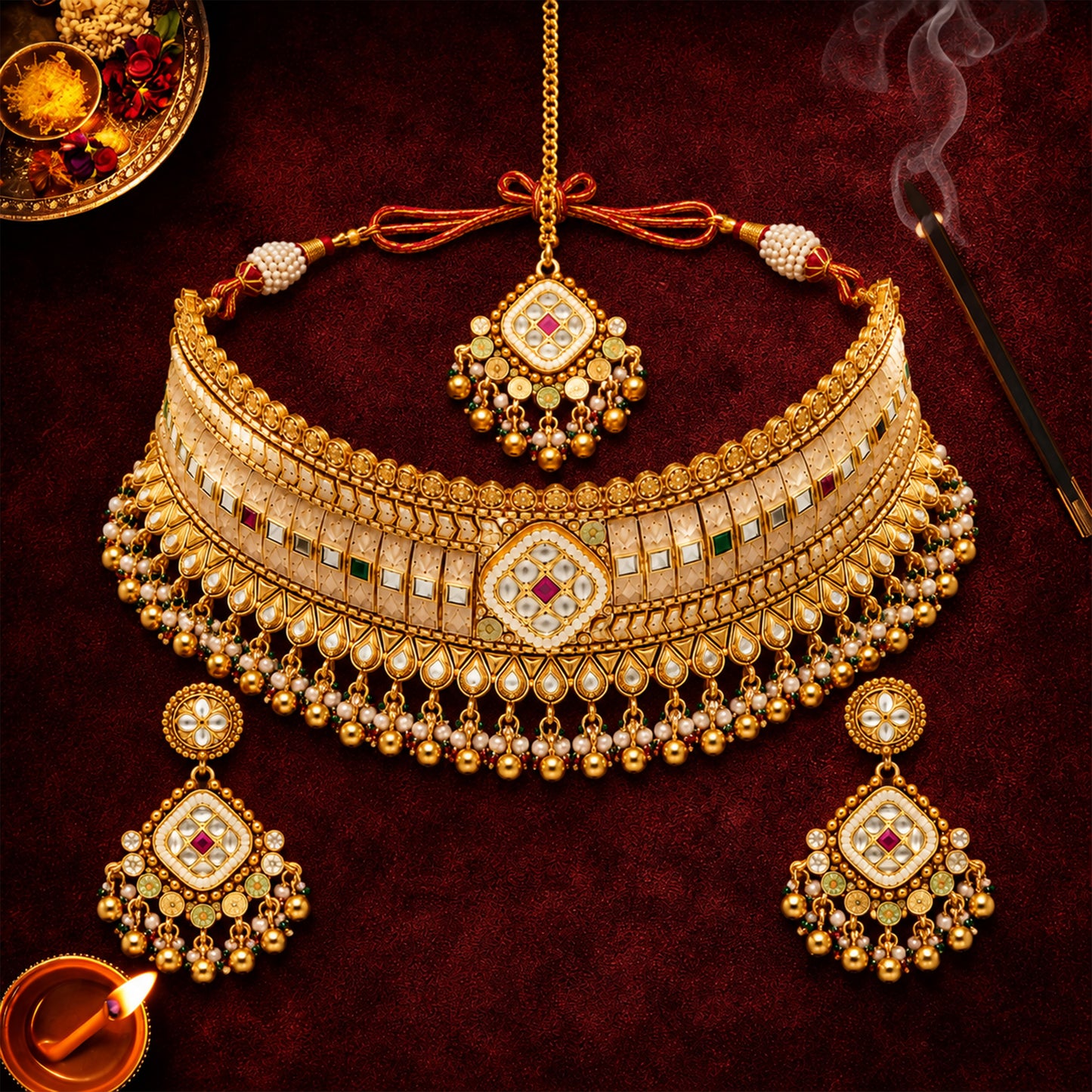 Traditional Indian Gold Plated Kundan,CZ, Studded Choker Wedding, Bridal Dori Necklace with Matching Earring Jewelry Set For Women - SJN_339