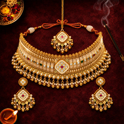 Traditional Indian Gold Plated Kundan,CZ, Studded Choker Wedding, Bridal Dori Necklace with Matching Earring Jewelry Set For Women - SJN_339