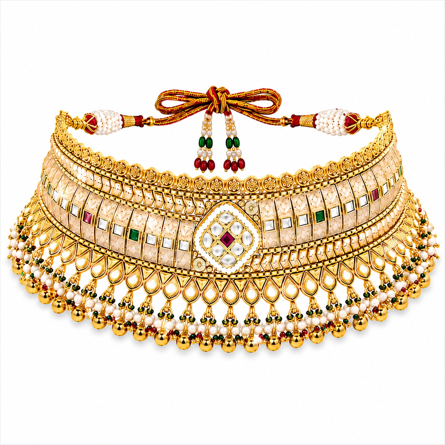 Traditional Indian Gold Plated Kundan,CZ, Studded Choker Wedding, Bridal Dori Necklace with Matching Earring Jewelry Set For Women - SJN_339