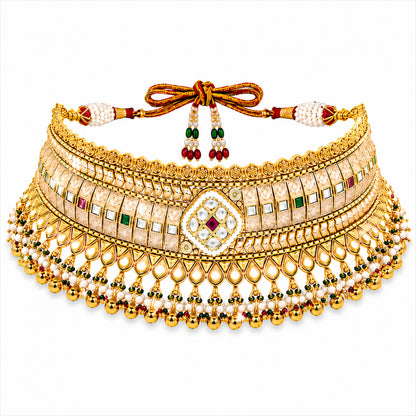 Traditional Indian Gold Plated Kundan,CZ, Studded Choker Wedding, Bridal Dori Necklace with Matching Earring Jewelry Set For Women - SJN_339