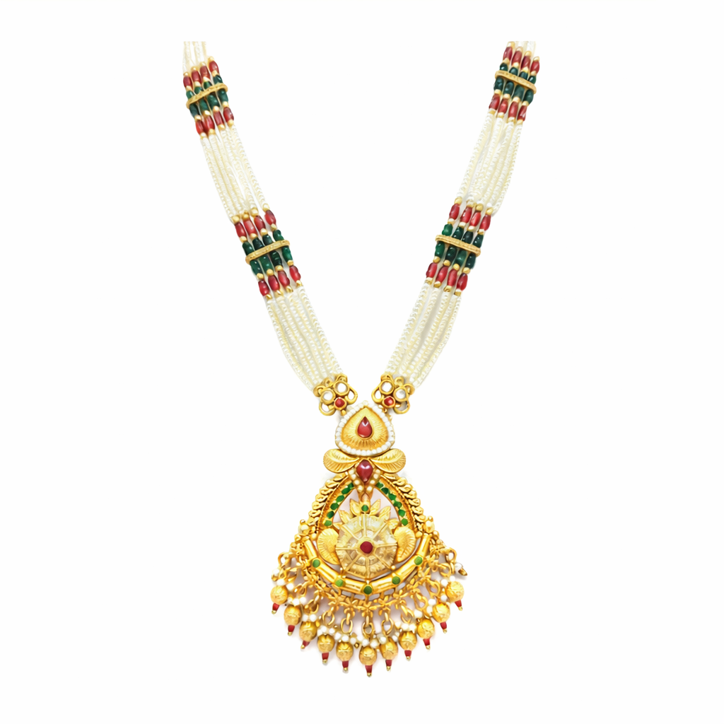 Shining Jewel by Shivansh Traditional Handcrated Multi-Strand Pearl & Kundan Long Necklace Set with Earrings & Adjustable Dori for Women - SJN_340