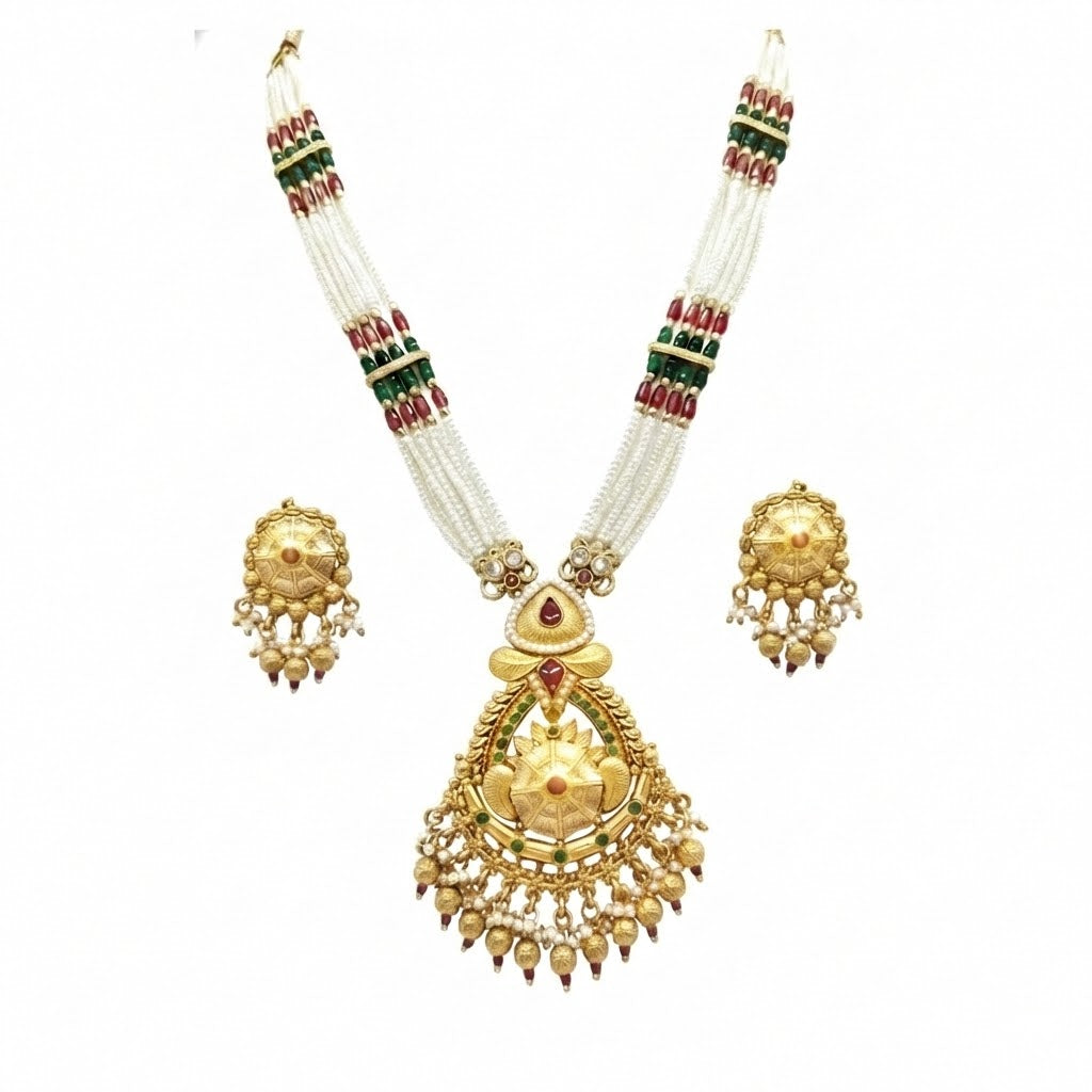 Shining Jewel by Shivansh Traditional Handcrated Multi-Strand Pearl & Kundan Long Necklace Set with Earrings & Adjustable Dori for Women - SJN_340