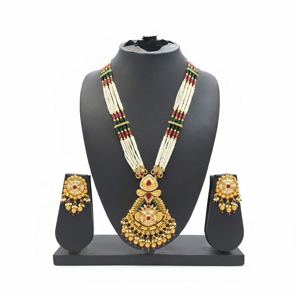 Shining Jewel by Shivansh Traditional Handcrated Multi-Strand Pearl & Kundan Long Necklace Set with Earrings & Adjustable Dori for Women - SJN_340