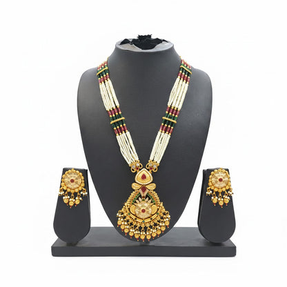 Shining Jewel by Shivansh Traditional Handcrated Multi-Strand Pearl & Kundan Long Necklace Set with Earrings & Adjustable Dori for Women - SJN_340