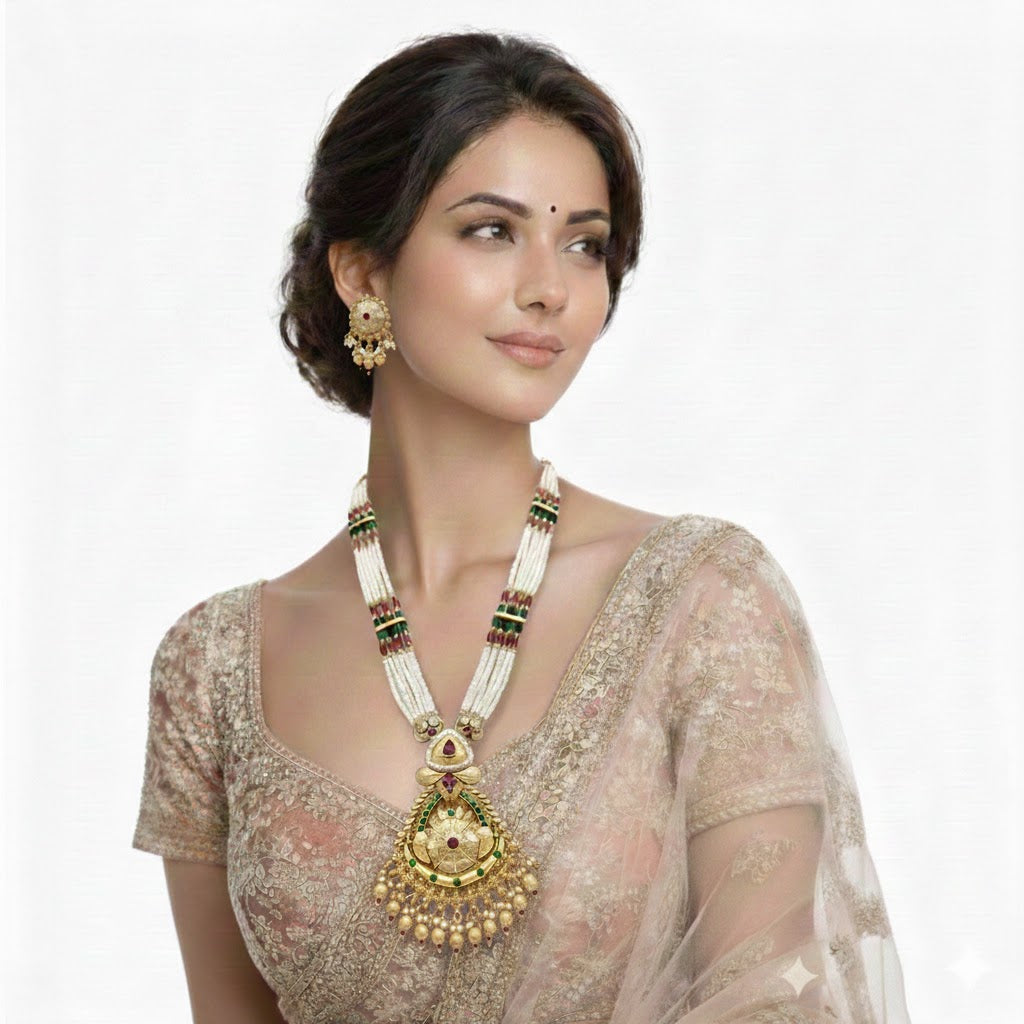 Shining Jewel by Shivansh Traditional Handcrated Multi-Strand Pearl & Kundan Long Necklace Set with Earrings & Adjustable Dori for Women - SJN_340