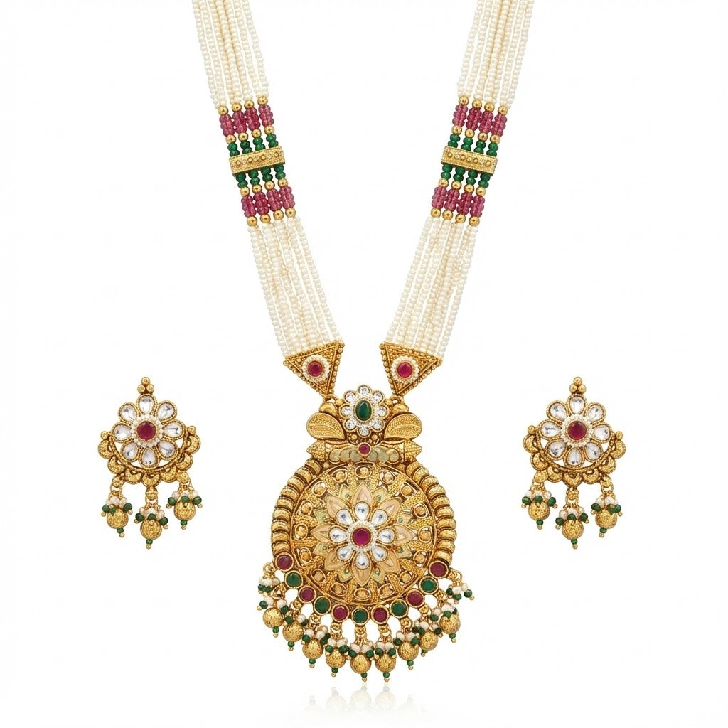 Shining Jewel by Shivansh Traditional Handcrated Multi-Strand Pearl & Solatire,CZ,Crystal, Kundan Long Necklace Set with Earrings & Adjustable Dori for Women - SJN_341