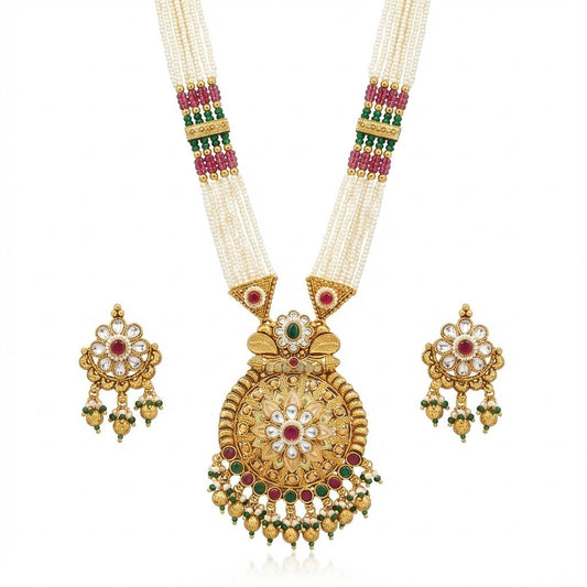 Shining Jewel by Shivansh Traditional Handcrated Multi-Strand Pearl & Solatire,CZ,Crystal, Kundan Long Necklace Set with Earrings & Adjustable Dori for Women - SJN_341