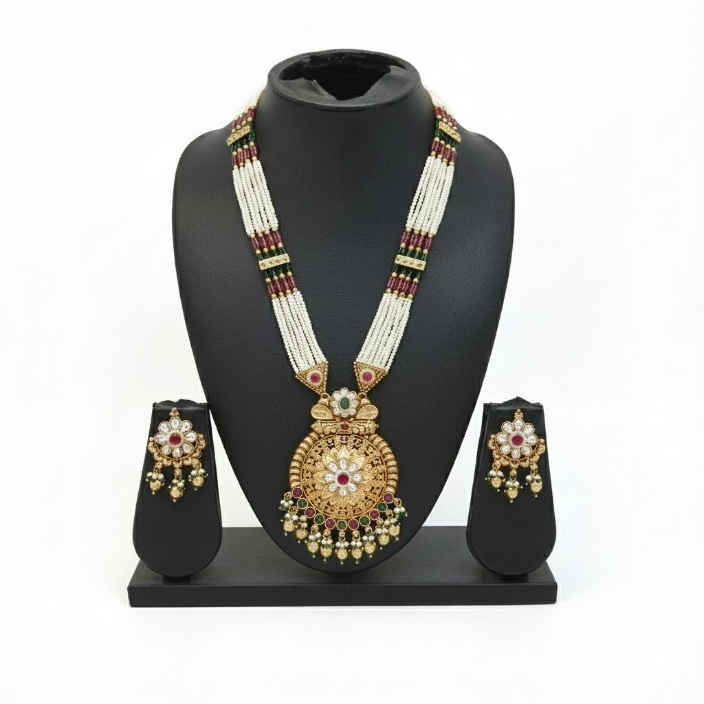 Shining Jewel by Shivansh Traditional Handcrated Multi-Strand Pearl & Solatire,CZ,Crystal, Kundan Long Necklace Set with Earrings & Adjustable Dori for Women - SJN_341