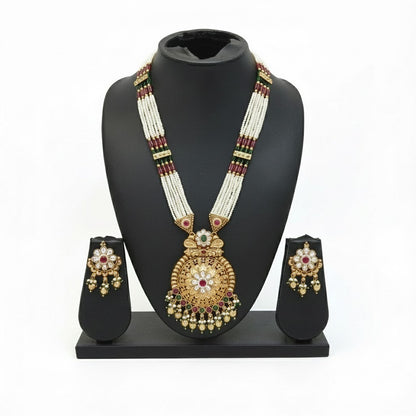 Shining Jewel by Shivansh Traditional Handcrated Multi-Strand Pearl & Solatire,CZ,Crystal, Kundan Long Necklace Set with Earrings & Adjustable Dori for Women - SJN_341