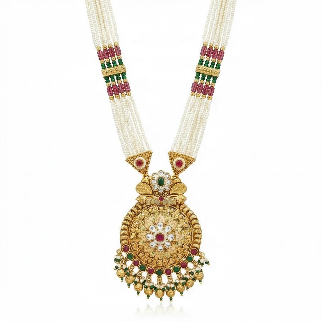 Shining Jewel by Shivansh Traditional Handcrated Multi-Strand Pearl & Solatire,CZ,Crystal, Kundan Long Necklace Set with Earrings & Adjustable Dori for Women - SJN_341