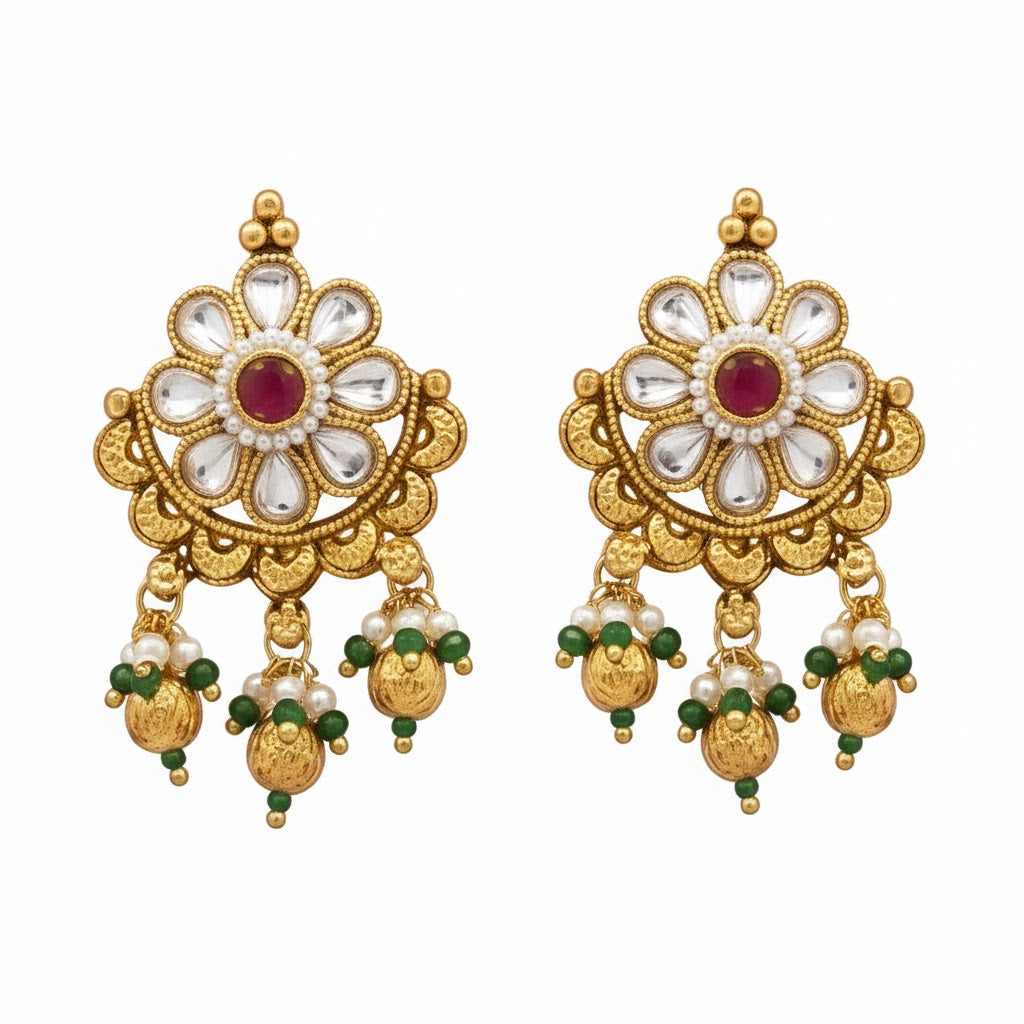 Shining Jewel by Shivansh Traditional Handcrated Multi-Strand Pearl & Solatire,CZ,Crystal, Kundan Long Necklace Set with Earrings & Adjustable Dori for Women - SJN_341