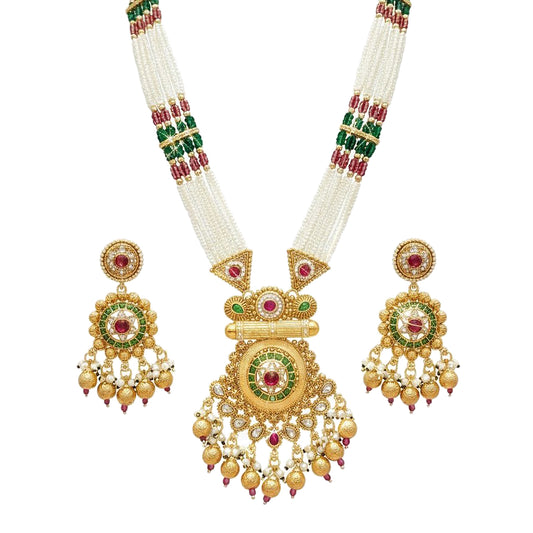 Traditional Handcrated Multi-Strand Pearl & Solatire,CZ,Crystal, Kundan Heritage Long Necklace Set with Earrings & Adjustable Dori for Women - SJN_342