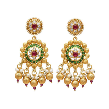 Traditional Handcrated Multi-Strand Pearl & Solatire,CZ,Crystal, Kundan Heritage Long Necklace Set with Earrings & Adjustable Dori for Women - SJN_342