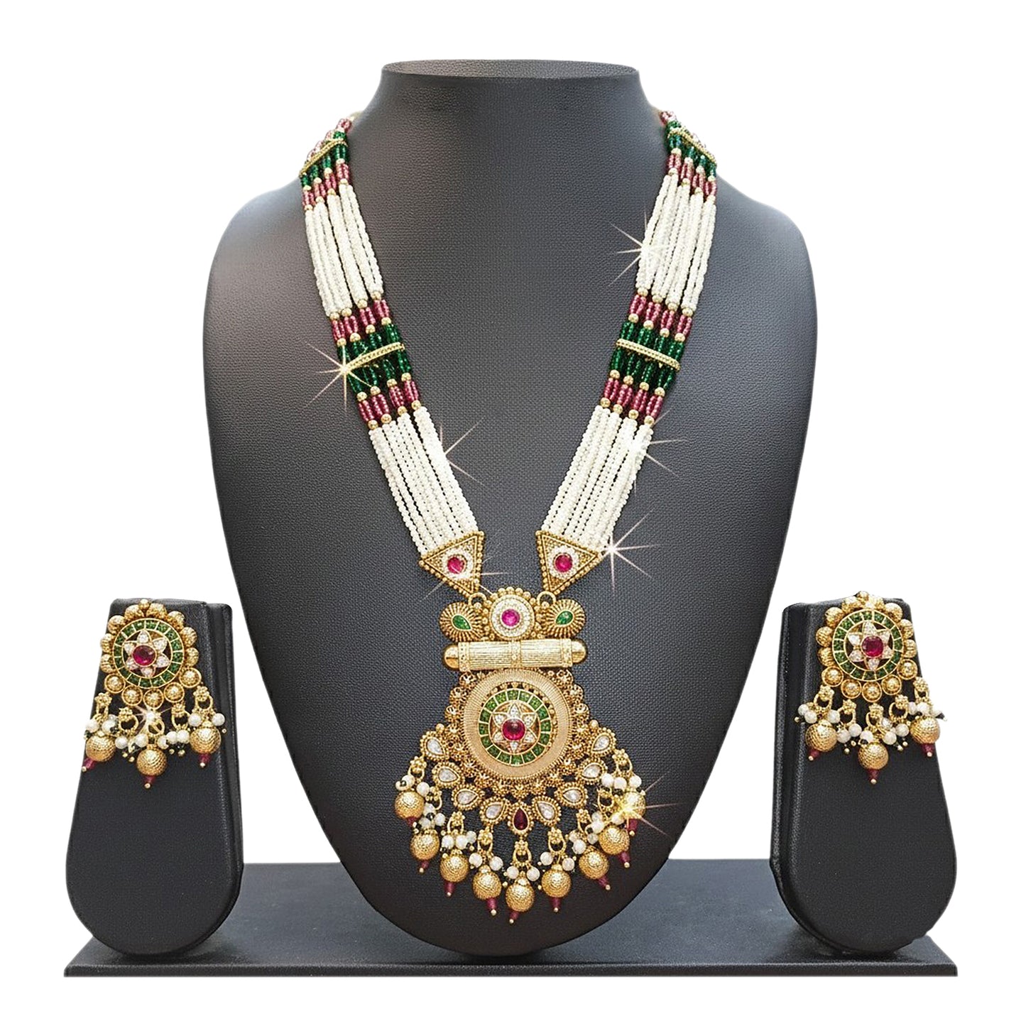 Traditional Handcrated Multi-Strand Pearl & Solatire,CZ,Crystal, Kundan Heritage Long Necklace Set with Earrings & Adjustable Dori for Women - SJN_342