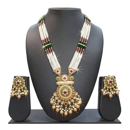 Traditional Handcrated Multi-Strand Pearl & Solatire,CZ,Crystal, Kundan Heritage Long Necklace Set with Earrings & Adjustable Dori for Women - SJN_342