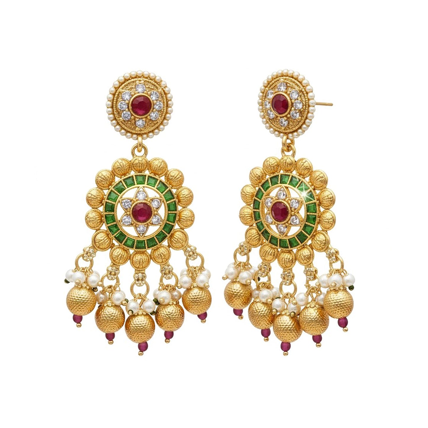 Traditional Handcrated Multi-Strand Pearl & Solatire,CZ,Crystal, Kundan Heritage Long Necklace Set with Earrings & Adjustable Dori for Women - SJN_342