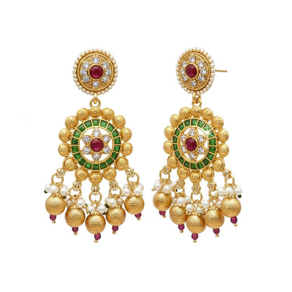 Traditional Handcrated Multi-Strand Pearl & Solatire,CZ,Crystal, Kundan Heritage Long Necklace Set with Earrings & Adjustable Dori for Women - SJN_342