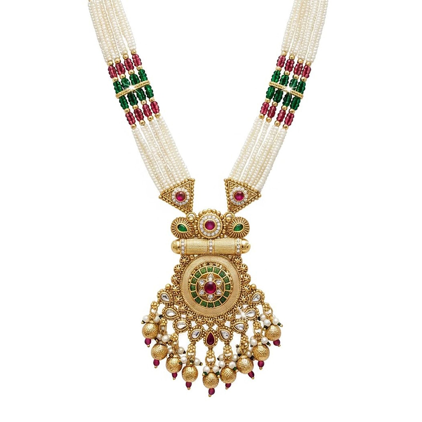 Traditional Handcrated Multi-Strand Pearl & Solatire,CZ,Crystal, Kundan Heritage Long Necklace Set with Earrings & Adjustable Dori for Women - SJN_342