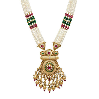 Traditional Handcrated Multi-Strand Pearl & Solatire,CZ,Crystal, Kundan Heritage Long Necklace Set with Earrings & Adjustable Dori for Women - SJN_342