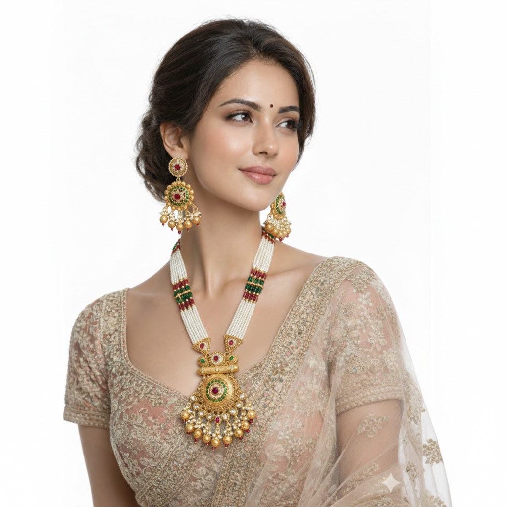 Traditional Handcrated Multi-Strand Pearl & Solatire,CZ,Crystal, Kundan Heritage Long Necklace Set with Earrings & Adjustable Dori for Women - SJN_342