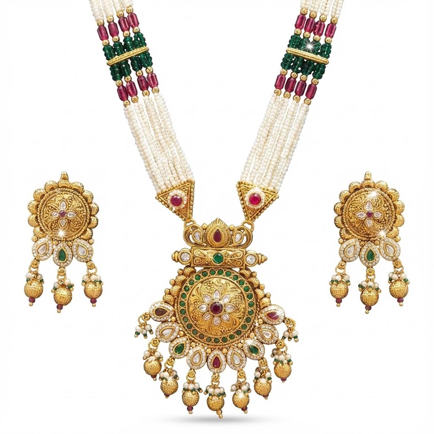 Shining Jewel by Shivansh Handcrated Traditional Multi-Strand Pearl & Kundan Long Necklace Set with Earrings & Adjustable Dori for Women - SJN_343
