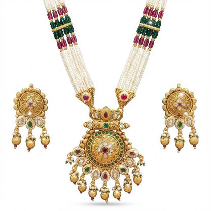Shining Jewel by Shivansh Handcrated Traditional Multi-Strand Pearl & Kundan Long Necklace Set with Earrings & Adjustable Dori for Women - SJN_343