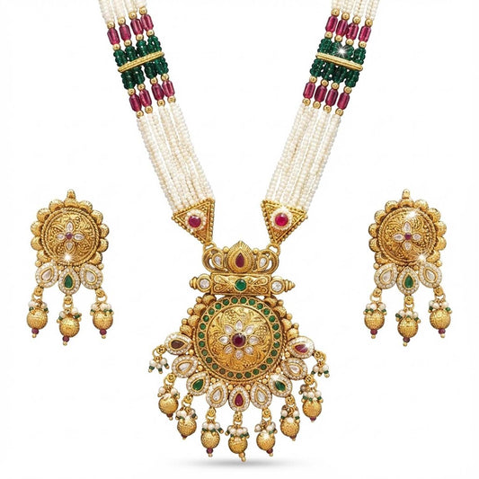 Shining Jewel by Shivansh Handcrated Traditional Multi-Strand Pearl & Kundan Long Necklace Set with Earrings & Adjustable Dori for Women - SJN_343
